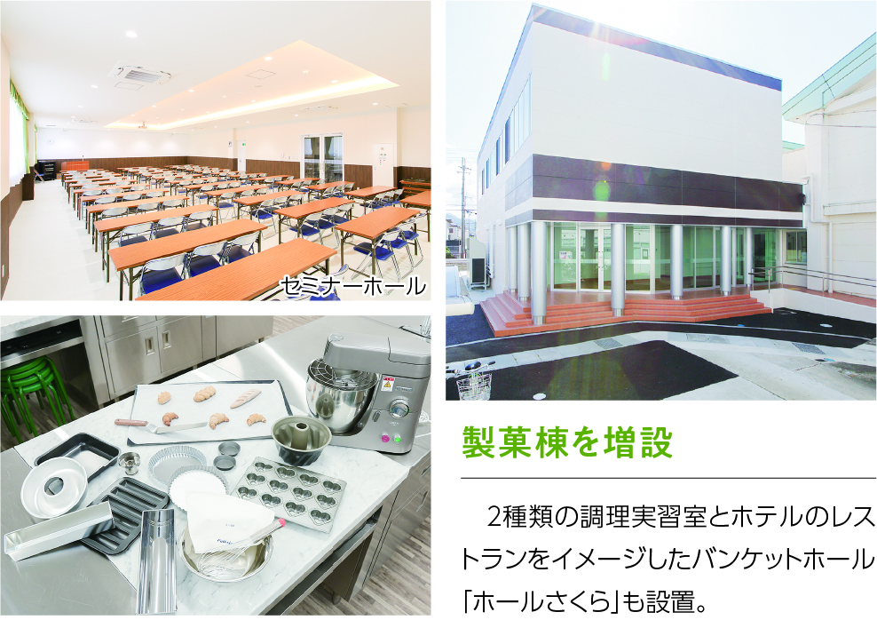 製菓棟を増設 ２種類の調理実習室とホテルのレストランをイメージしたバンケットホール「ホールさくら」も設置。